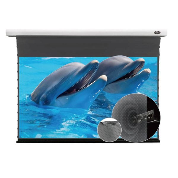 ALR P Slimline Motorised Drop Down Projector Screen With Obsidian Long Throw Ambient Light Rejecting (For Normal Projectors) (Sound Perforated Acoustic Transparent)