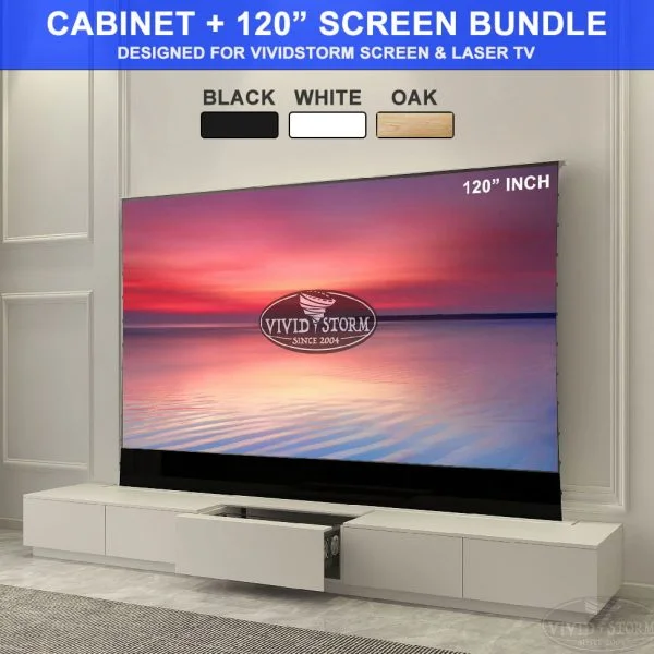 VIVIDSTORM MOTORISED LASER TV CABINET MONTE CARLO AND SCREEN BUNDLE