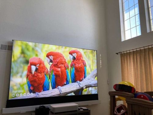 Click to view full screen VIVIDSTORM S PRO Motorised Floor Rising ALR/CLR UST Laser Projector Screen photo review