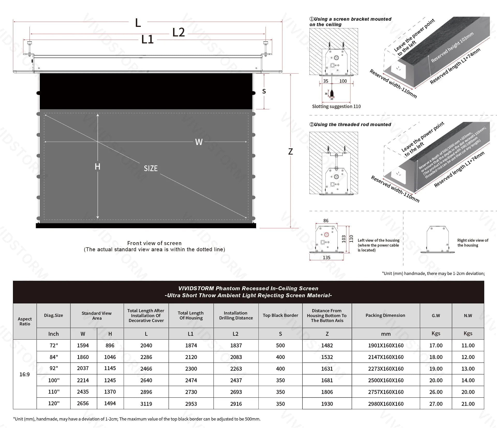 VIVIDSTORM PHANTOM Recessed In-Ceiling Motorized Tension UST ALR Projector Screen