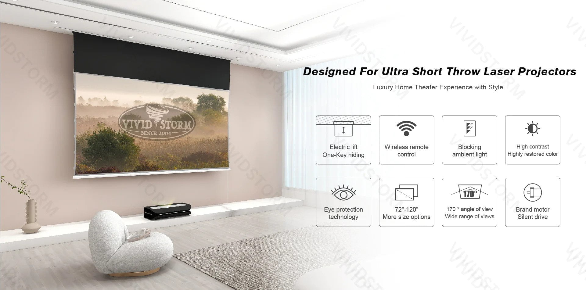 VIVIDSTORM PHANTOM Recessed In-Ceiling Motorized Tension UST ALR Projector Screen