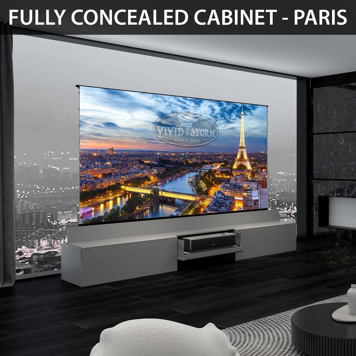 VIVIDSTORM Fully Concealed Motorised Laser TV Cabinet Paris - 120" inch, White